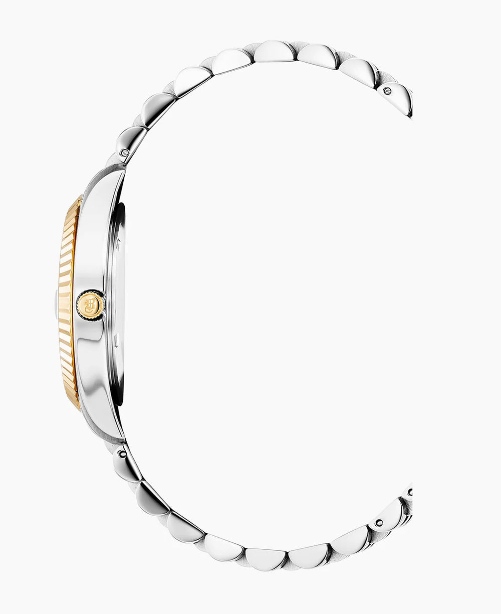 Zijaanzicht van de Jacques Du Manoir Inspiration 31mm dameshorloge met gestructureerde kroon en tweekleurige zilver- en goudkleurige metalen band, tegen een effen witte achtergrond.