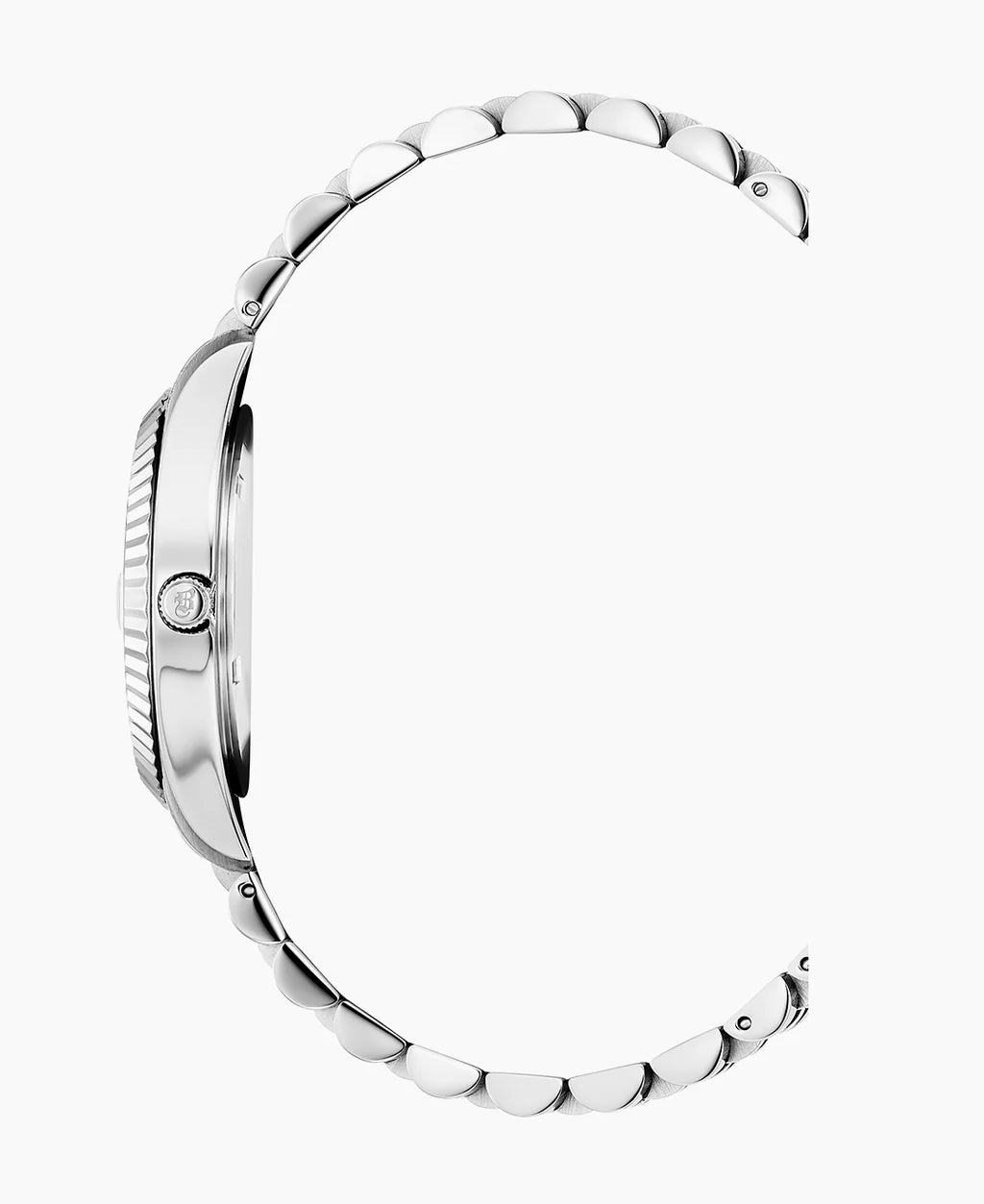 Zijaanzicht van de elegante Jacques Du Manoir Inspiration Passion JWL01802 met een zilveren getextureerde lunette en met diamanten geaccentueerde kroon. Het quartz-uurwerk wordt aangevuld door een band met gepolijste schakels, tegen een witte achtergrond.