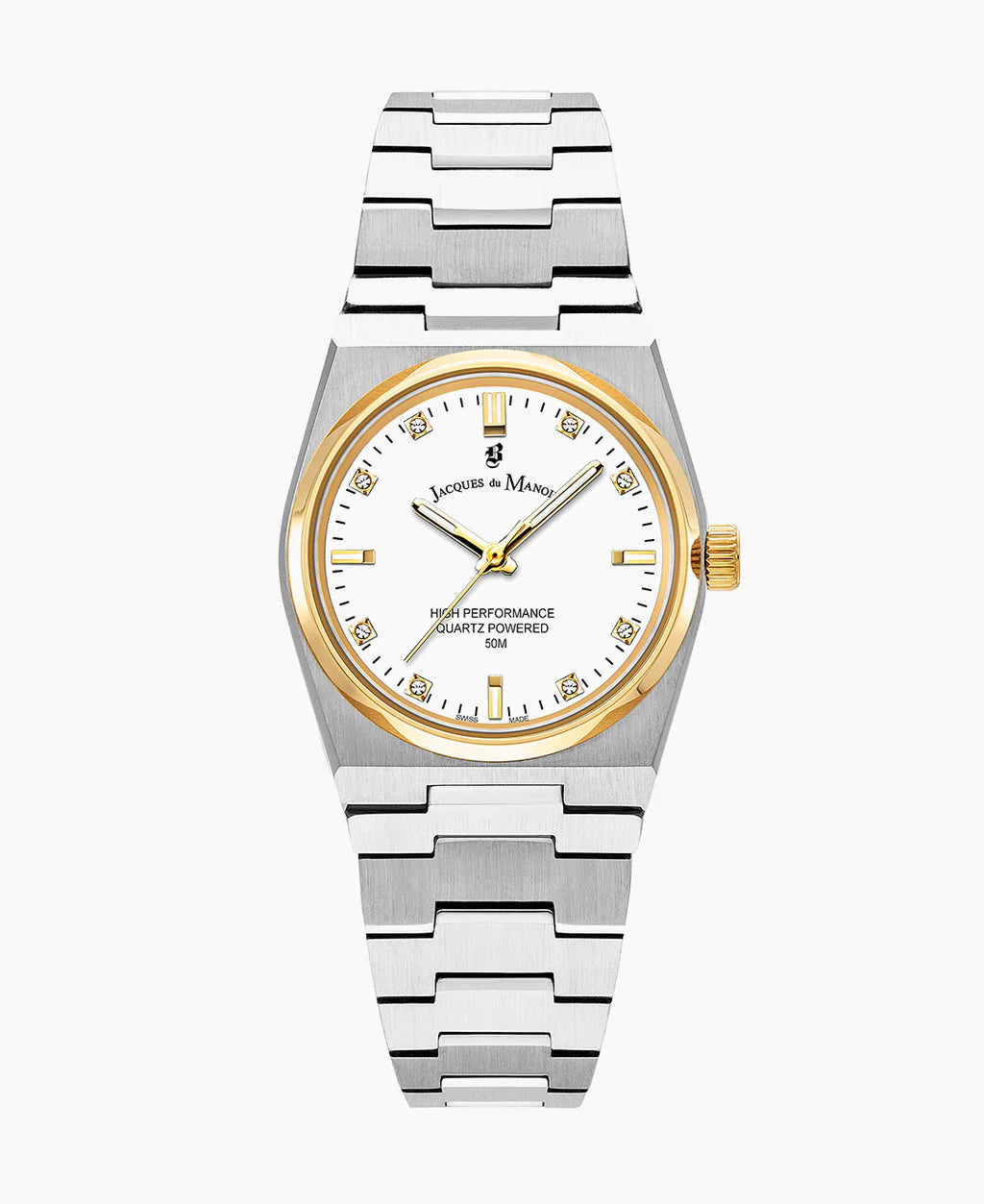 Montre pour dames avec boîtier en acier inoxydable, bracelet argenté et cadran blanc, détails dorés.