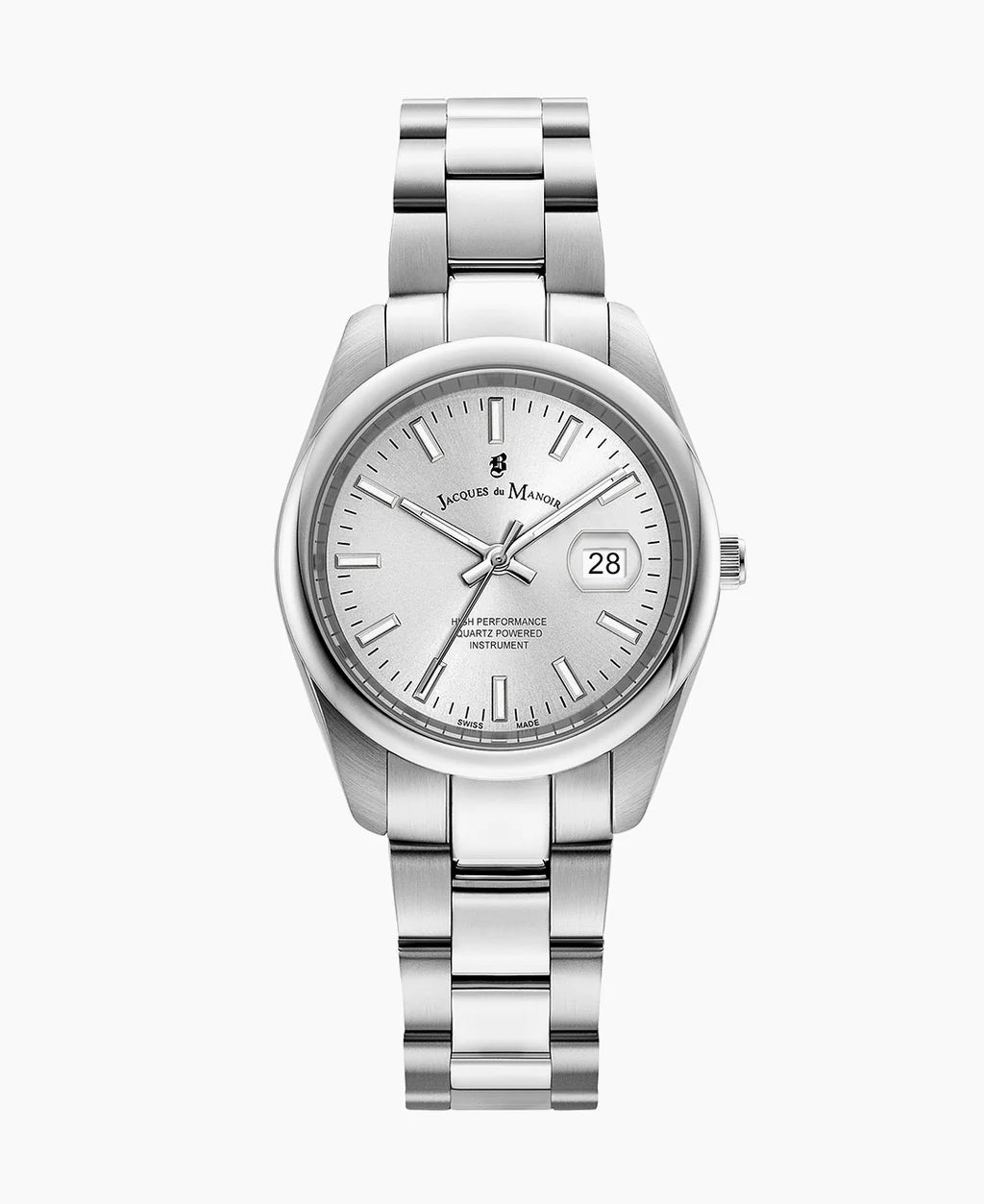Montre en acier inoxydable avec cadran argenté et bracelet à maillons.