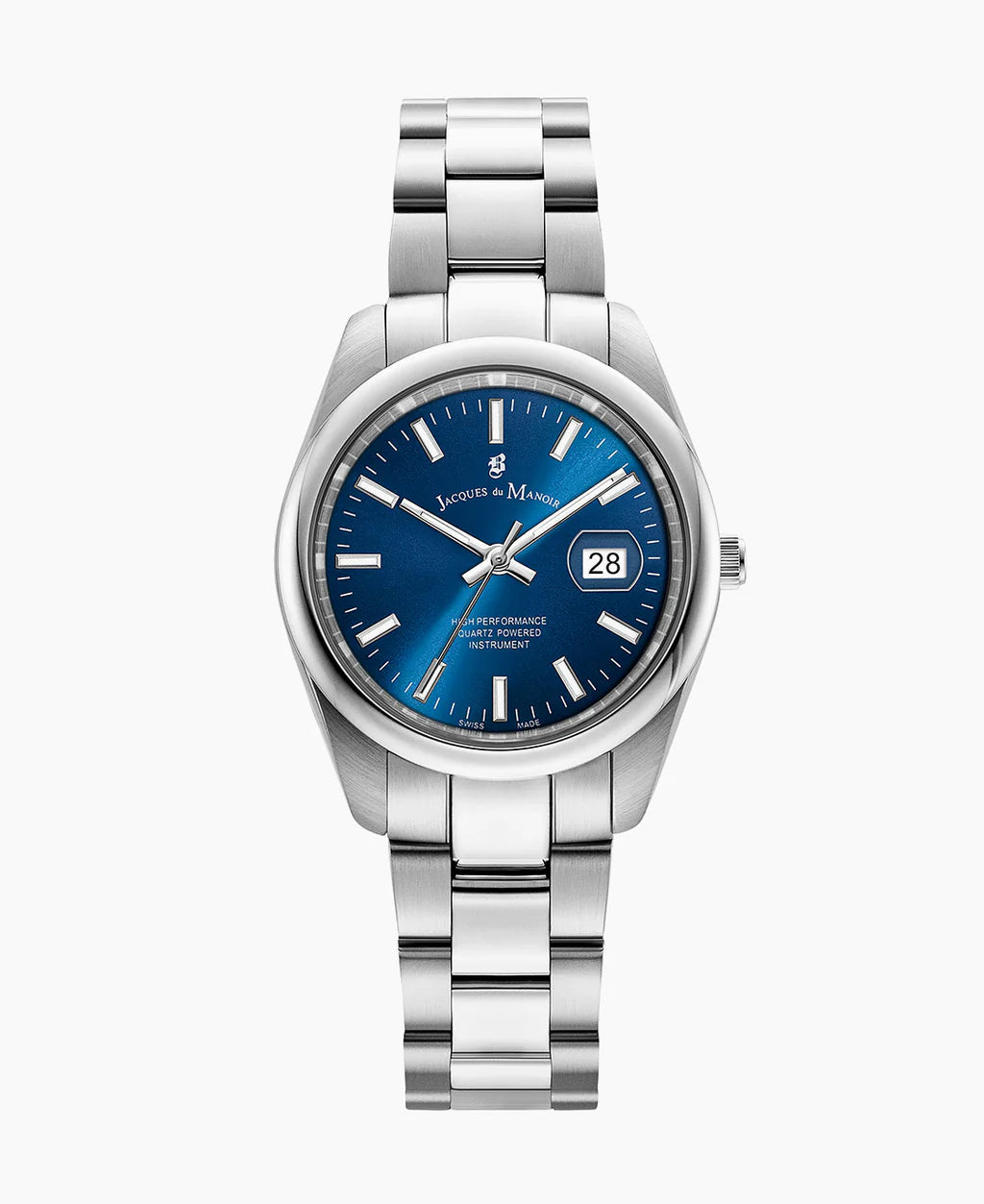 Montre en acier inoxydable avec cadran bleu, affichage de la date et bracelet à maillons.