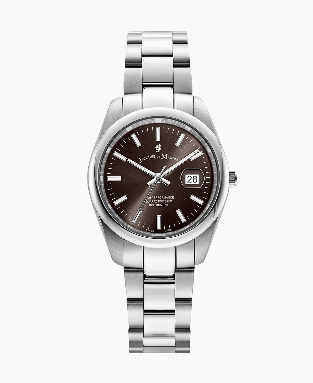 Montre en acier inoxydable avec cadran marron et bracelet à maillons.