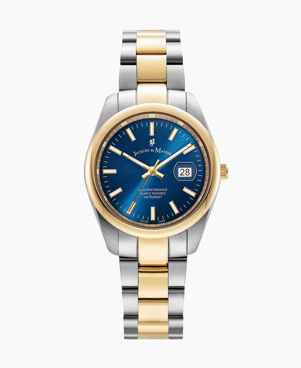 Montre à cadran bleu, boîtier en acier inoxydable argenté et doré, bracelet à maillons.