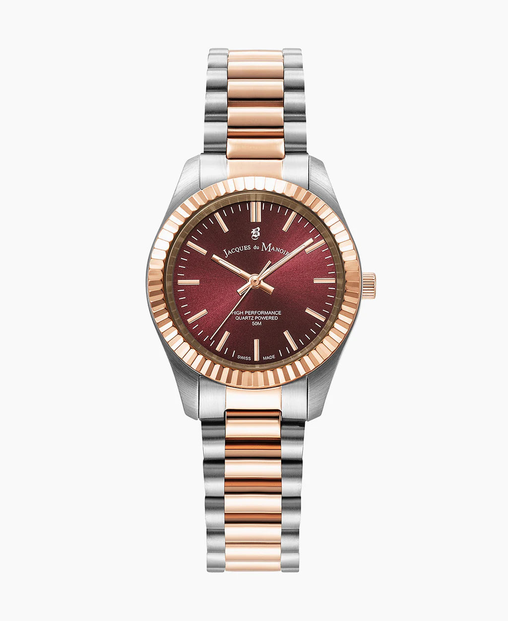 Montre avec boîtier en acier inoxydable, bracelet bicolore en acier et or rose, cadran rouge.