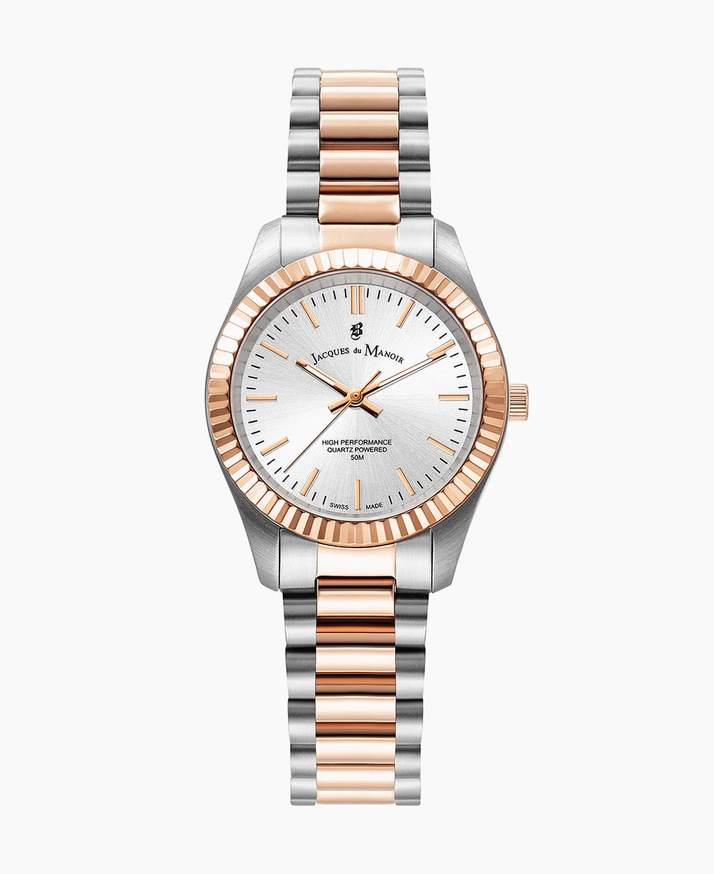 Montre en acier inoxydable avec un cadran argenté et une lunette dorée, bracelet bicolore.