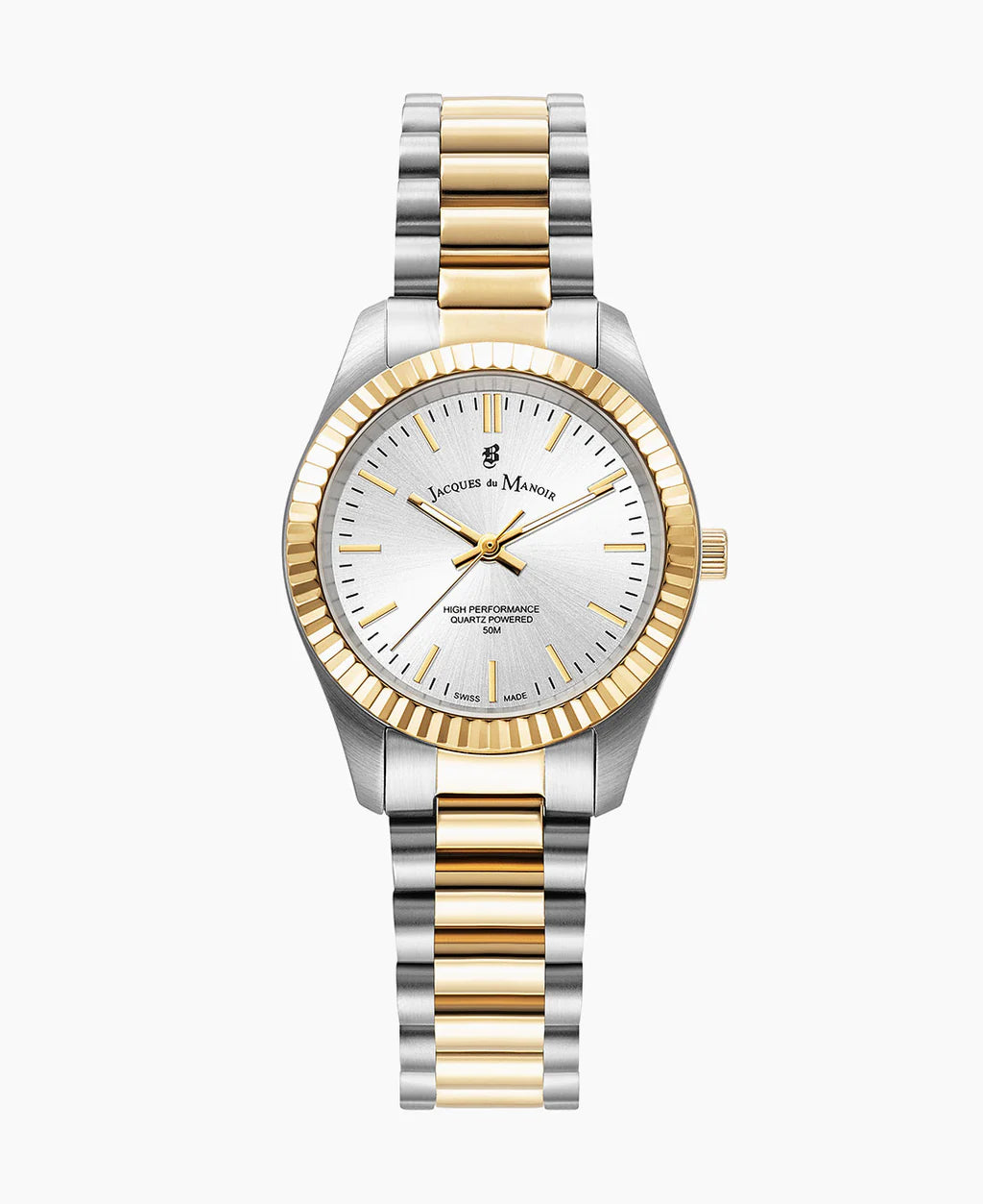 Montre en acier inoxydable avec un cadran argenté, lunette dorée et bracelet bicolore.