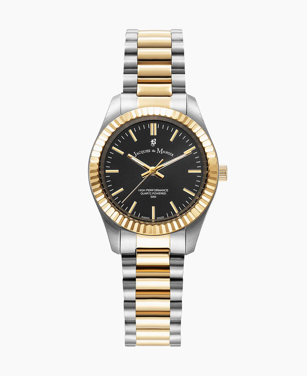 Montre avec boîtier en acier inoxydable et lunette dorée, cadran noir et bracelet bicolore.