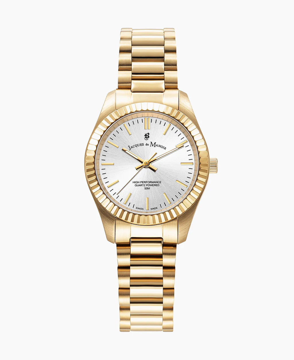 Montre dorée avec un cadran argenté et un bracelet à maillons.