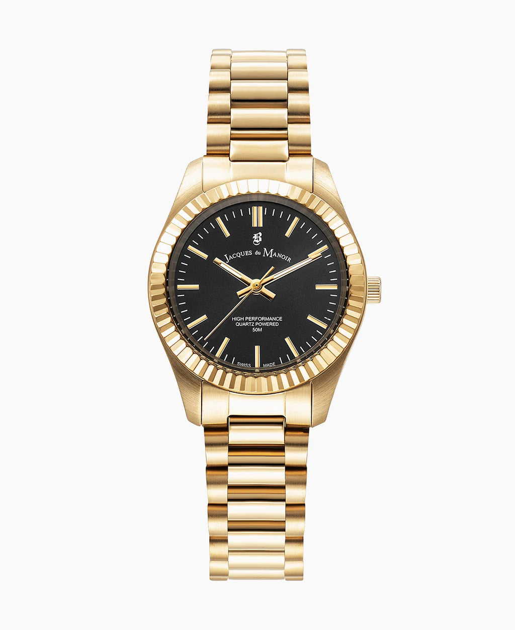 Montre dorée avec cadran noir, boîtier et bracelet en acier inoxydable, lunette cannelée.
