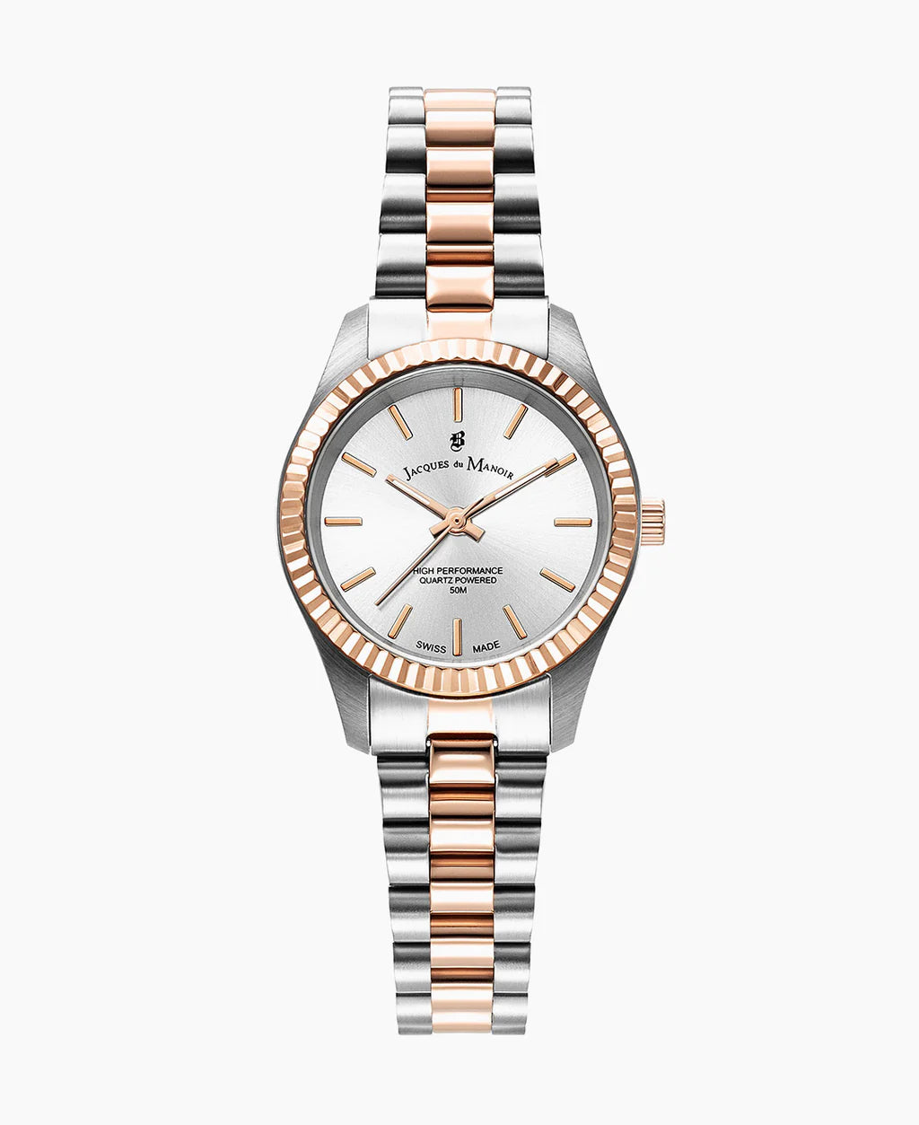 Montre en acier inoxydable avec un cadran argenté, lunette dorée et bracelet bicolore.