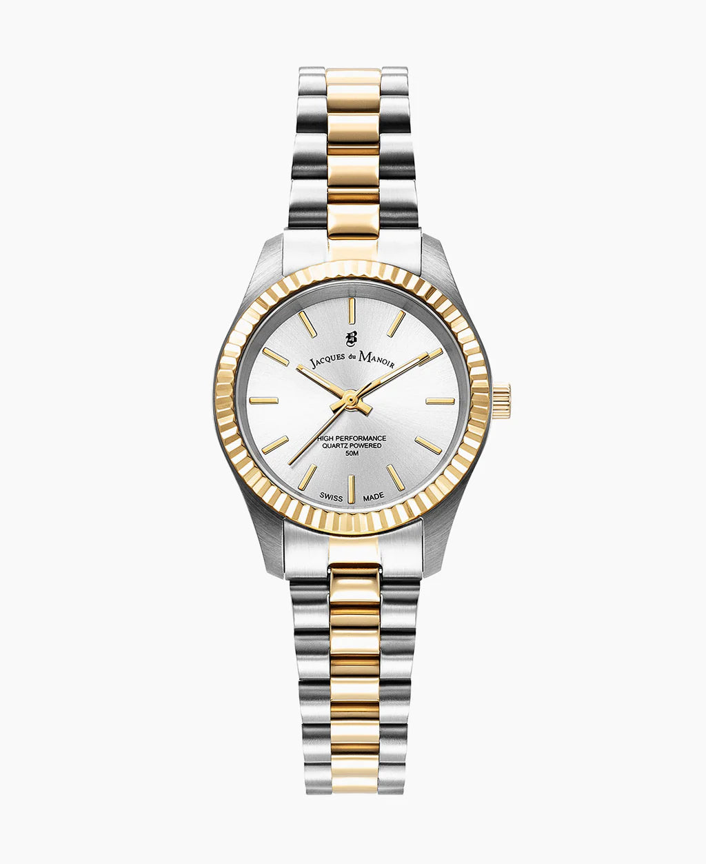 Montre en acier inoxydable avec bracelet bicolore argenté et doré, cadran argenté et lunette striée.