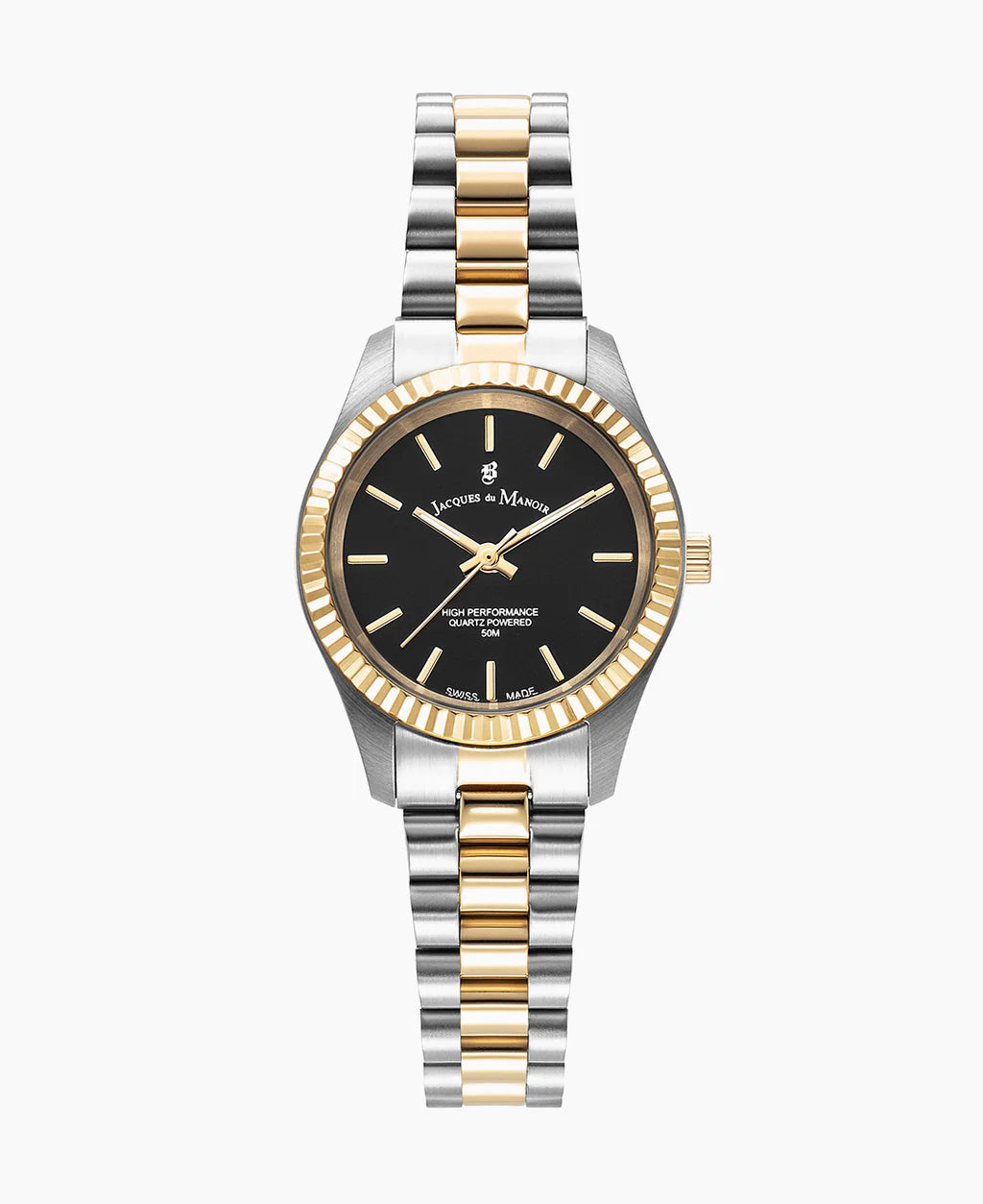 Montre en acier inoxydable avec un cadran noir, lunette dorée et bracelet bicolore argenté et doré.