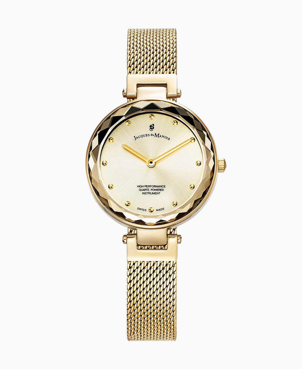 Montre dorée avec un cadran argenté, boîtier rond et bracelet en maille.