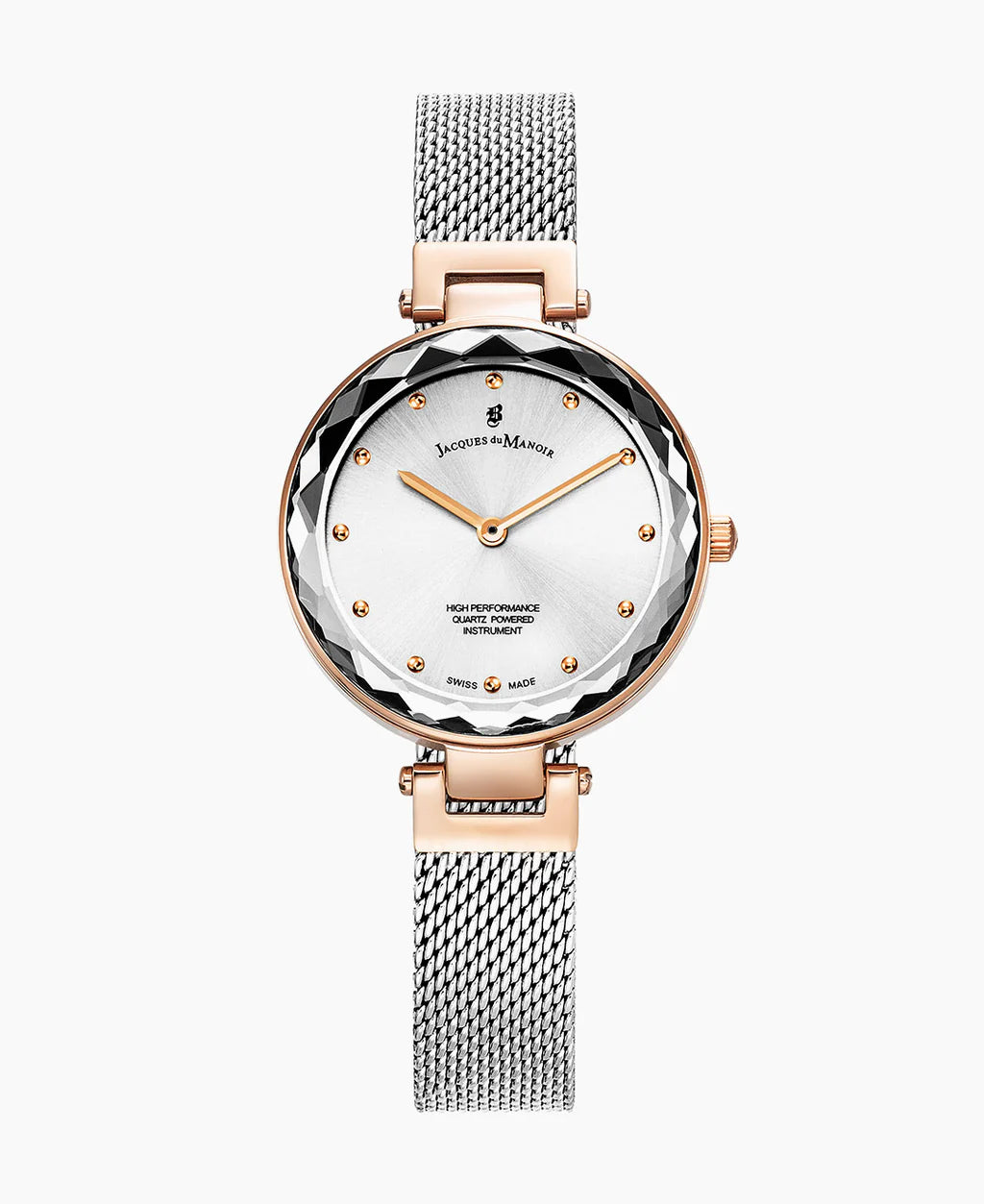 Montre argentée avec boîtier doré rose, cadran blanc et bracelet en maille.