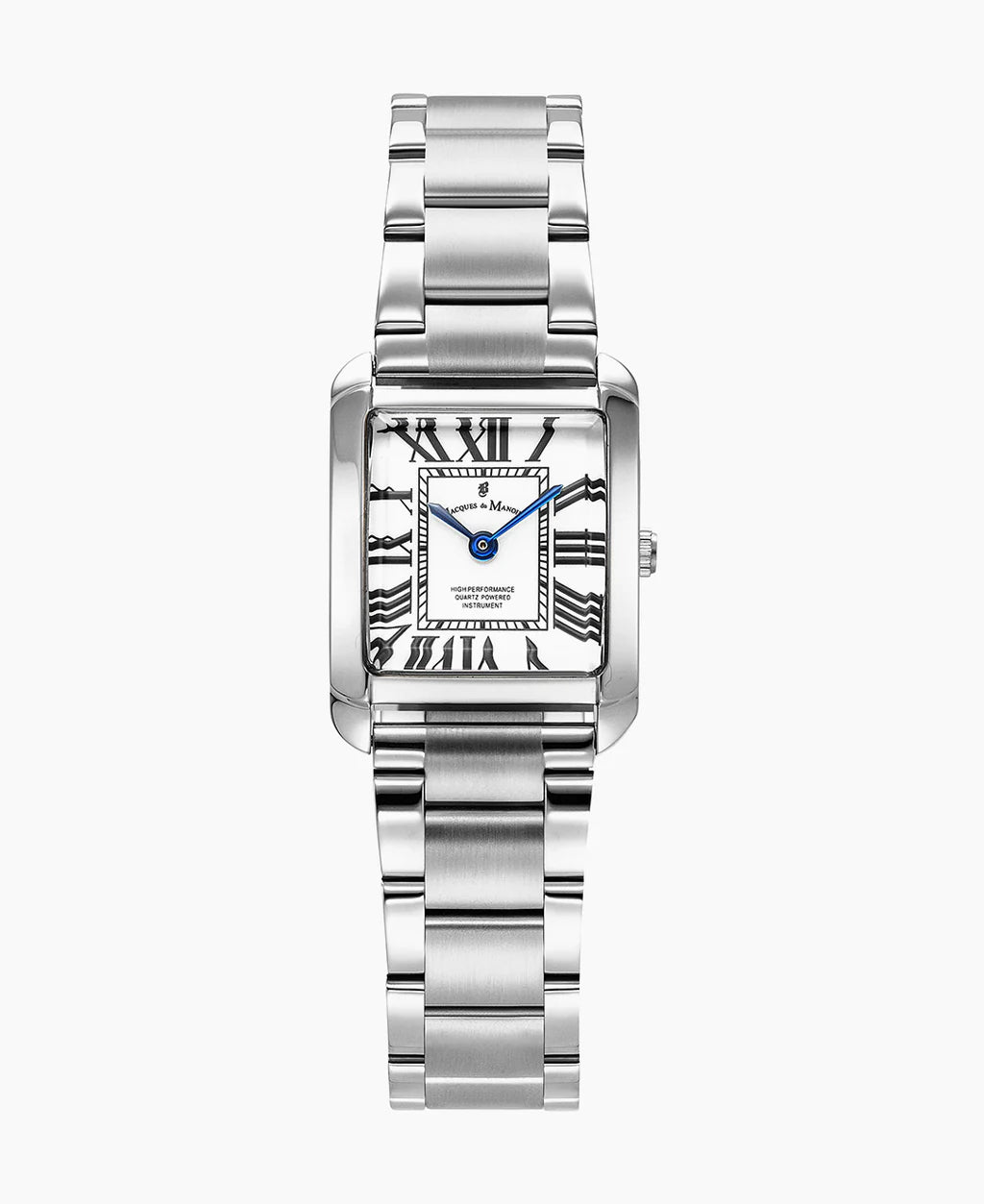 Montre en acier inoxydable avec cadran blanc à motifs rayés et aiguilles bleues.