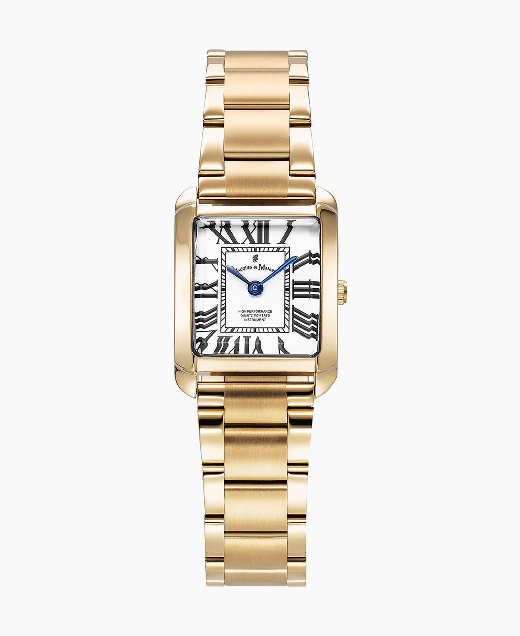Montre dorée avec un cadran blanc à chiffres romains et aiguilles bleues.