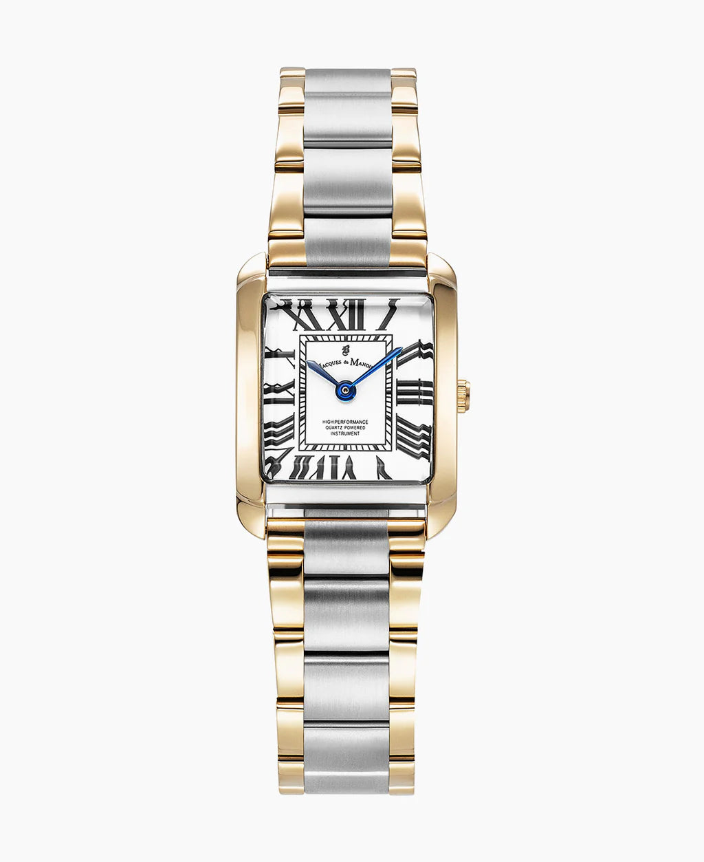 Gouden en zilveren horloge met rechthoekige kast, witte wijzerplaat en Romeinse cijfers.