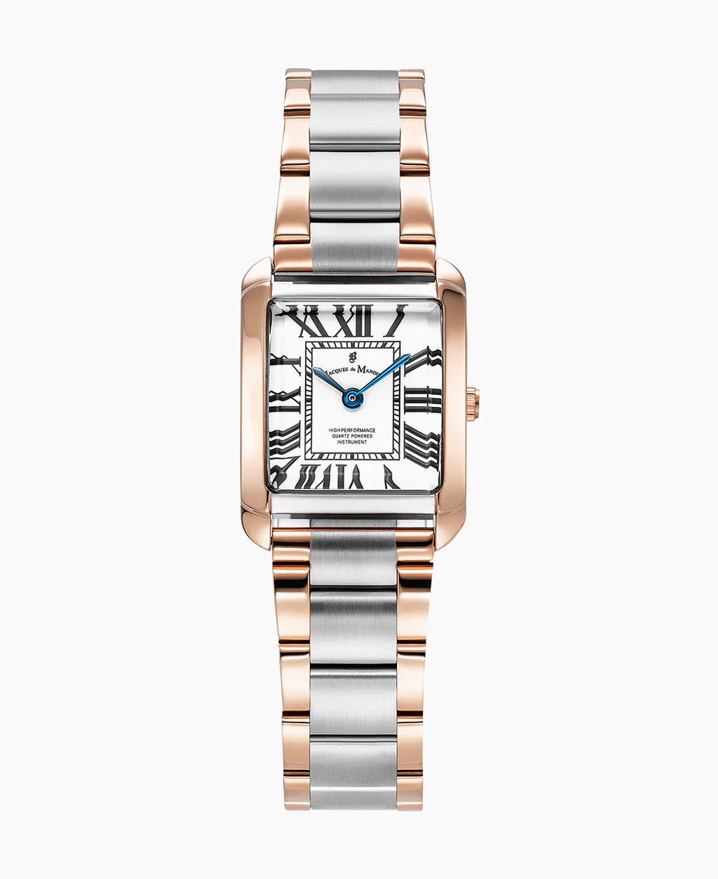 Montre rectangulaire en acier inoxydable avec bracelet bicolore, cadran blanc et chiffres romains.