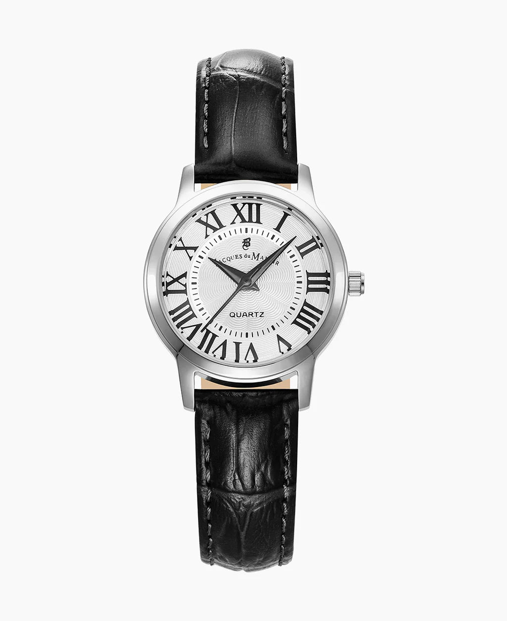 Montre pour dames avec cadran blanc, chiffres romains, boîtier argenté et bracelet en cuir noir.