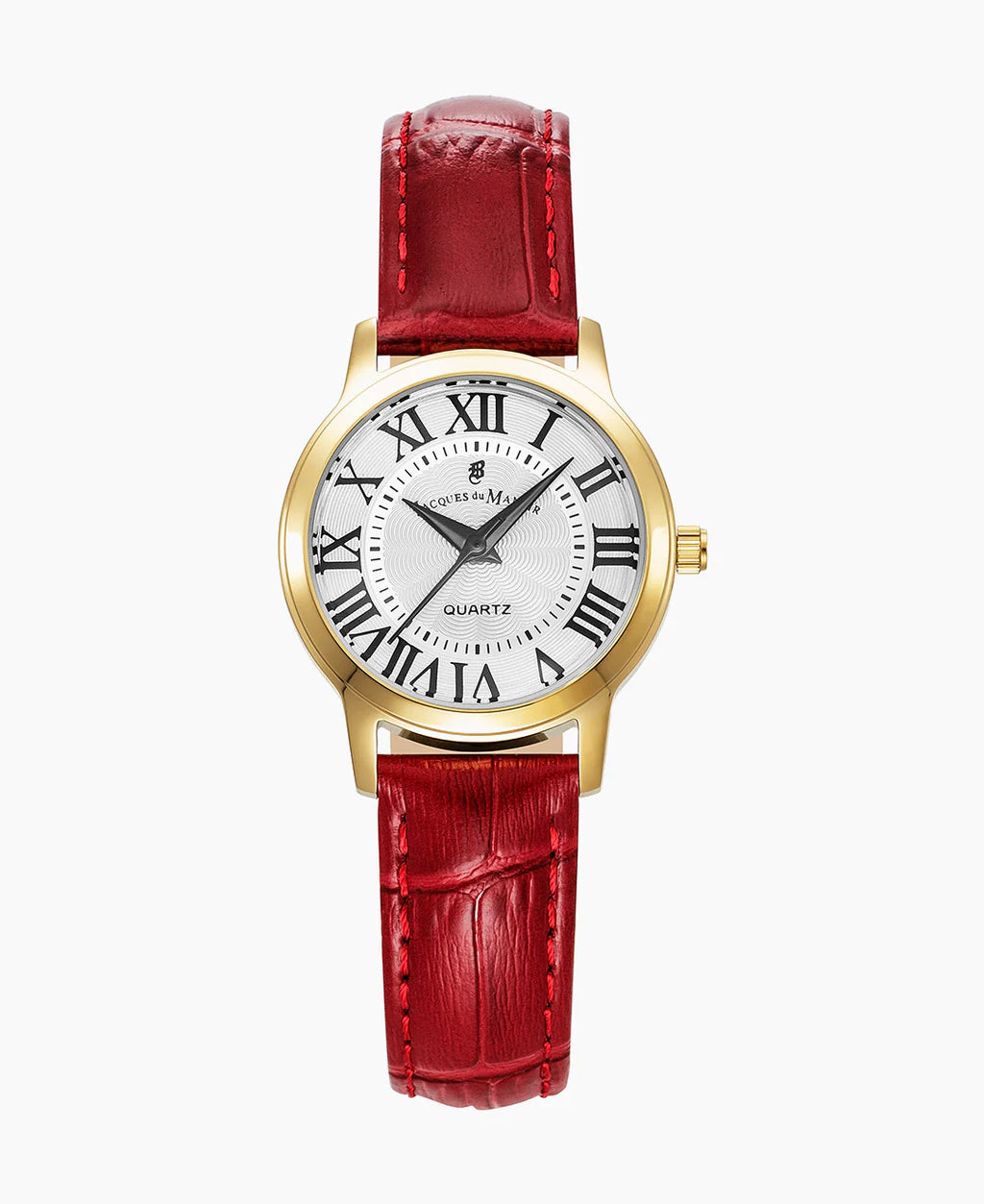 Montre femme avec un cadran blanc, chiffres romains noirs, boîtier doré et bracelet en cuir rouge.