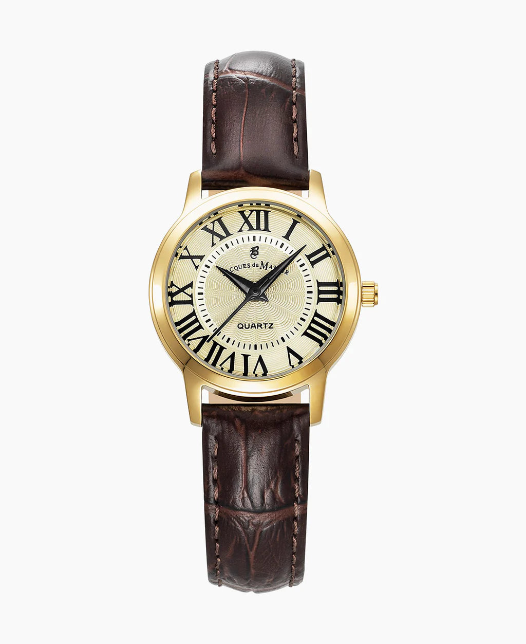 Montre dorée avec cadran crème et chiffres romains, bracelet en cuir marron.