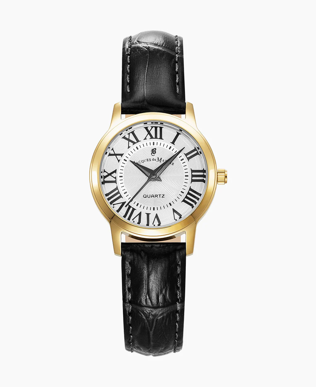 Montre pour dames avec boîtier doré, cadran blanc et bracelet en cuir noir.