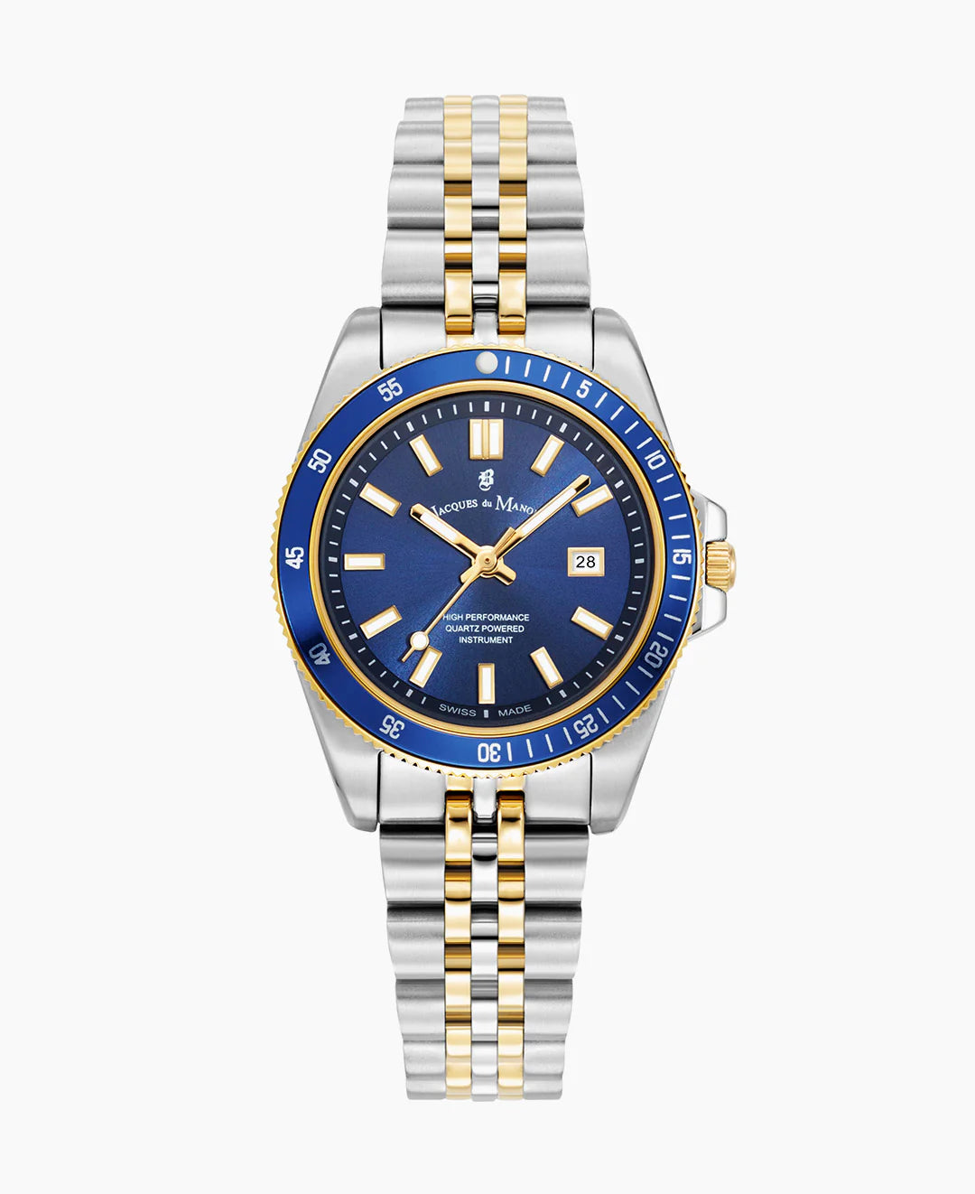 Montre en acier inoxydable avec bracelet bicolore argenté et doré, cadran bleu et lunette dorée.