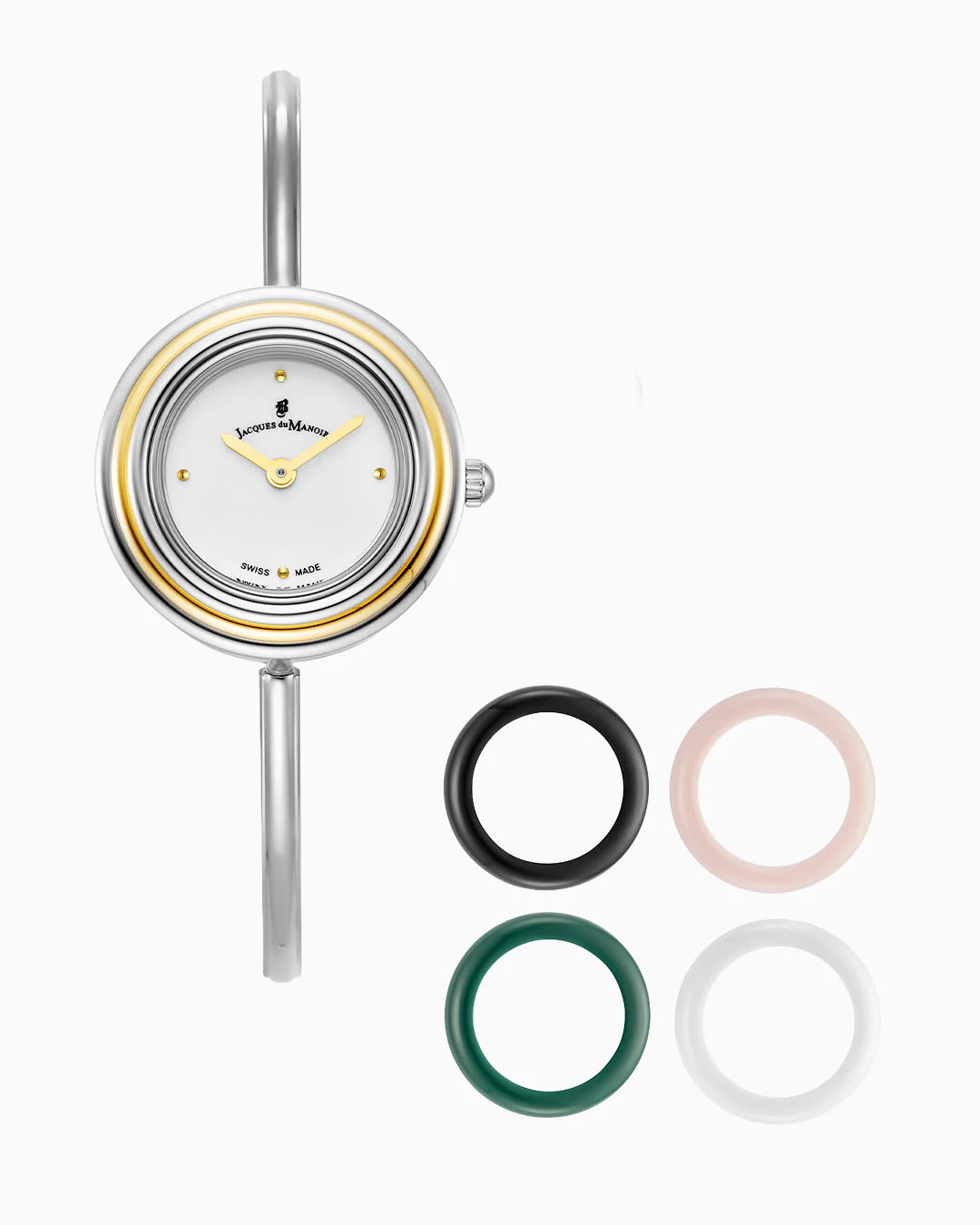 Montre femme en acier inoxydable avec cadran blanc, deux aiguilles et boîtier argenté, accompagnée de quatre anneaux interchangeables.