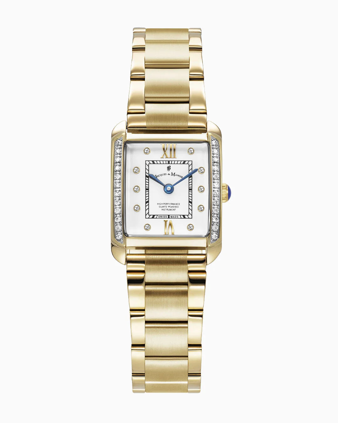 Montre dorée pour femme avec cadran blanc, chiffres romains et détails en strass.
