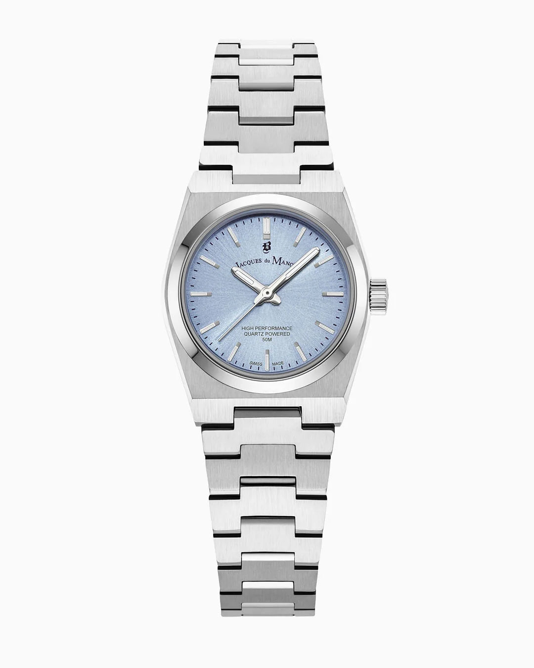 Montre féminine en acier inoxydable avec cadran bleu clair et bracelet à maillons.
