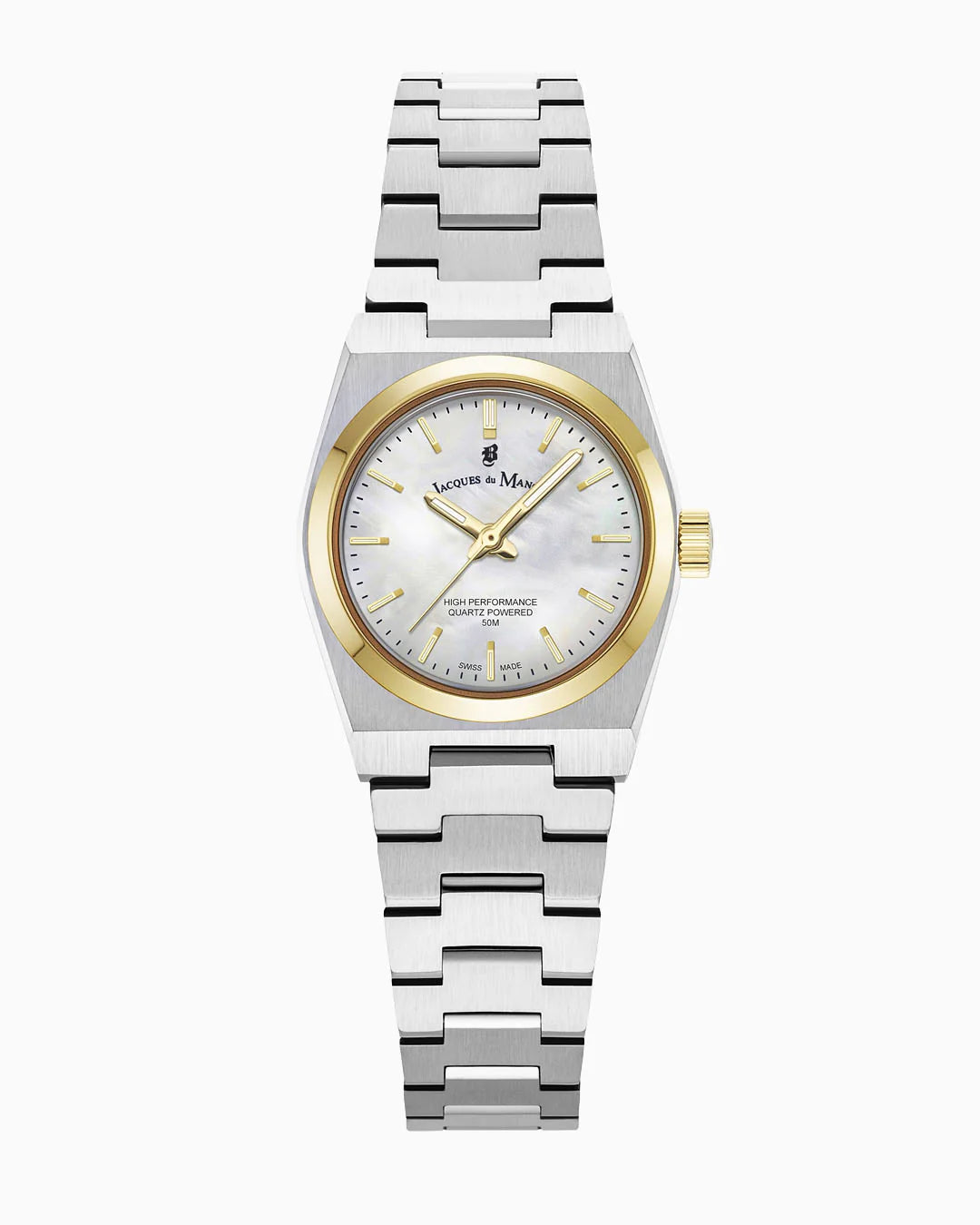 Montre féminine en acier inoxydable avec cadran nacré et lunette dorée.