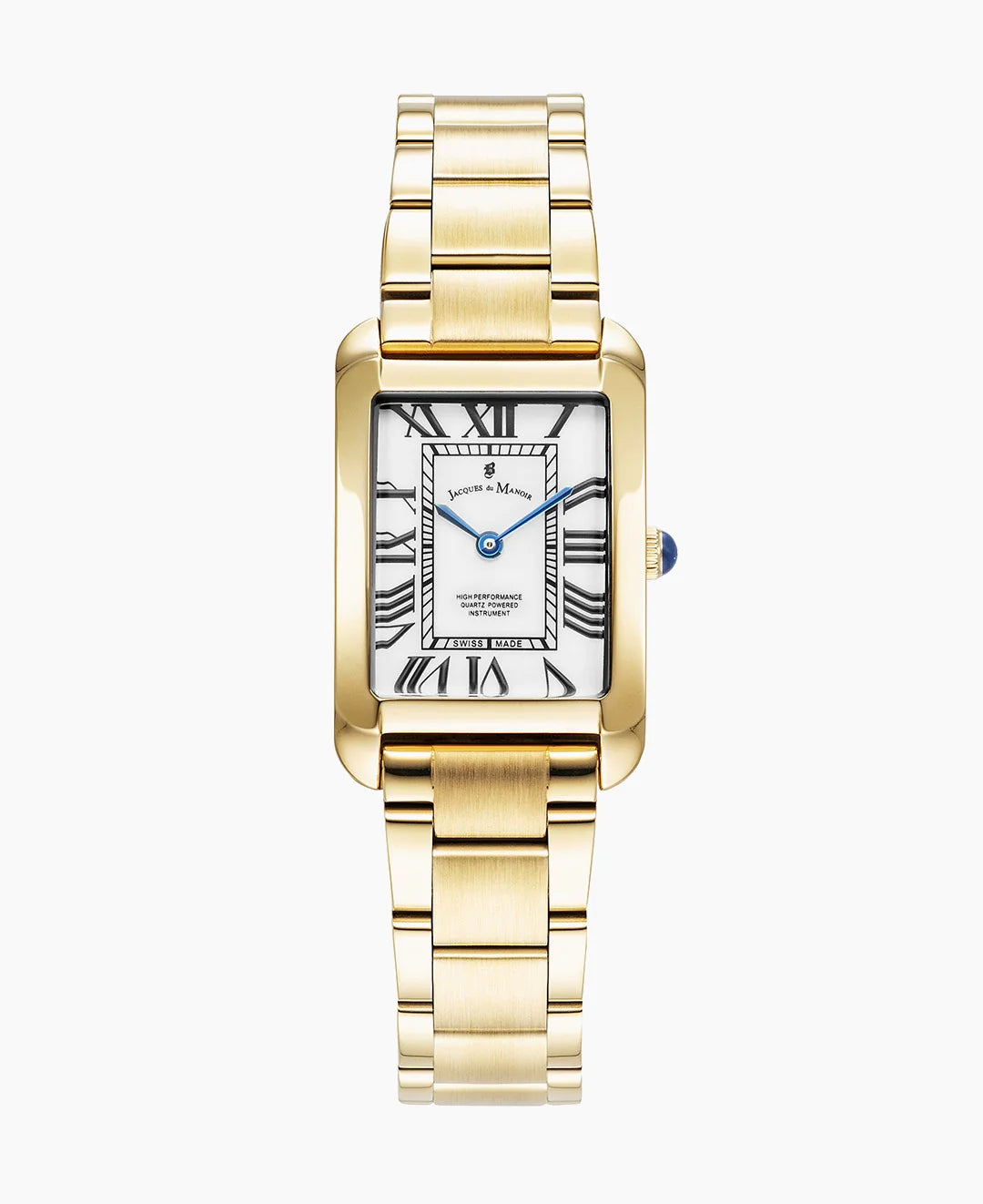 Montre dorée avec cadran blanc et chiffres romains, bracelet en métal brillant.