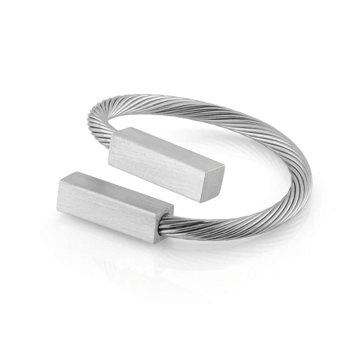 Bague en acier inoxydable avec deux barres mates et un design en fil torsadé.