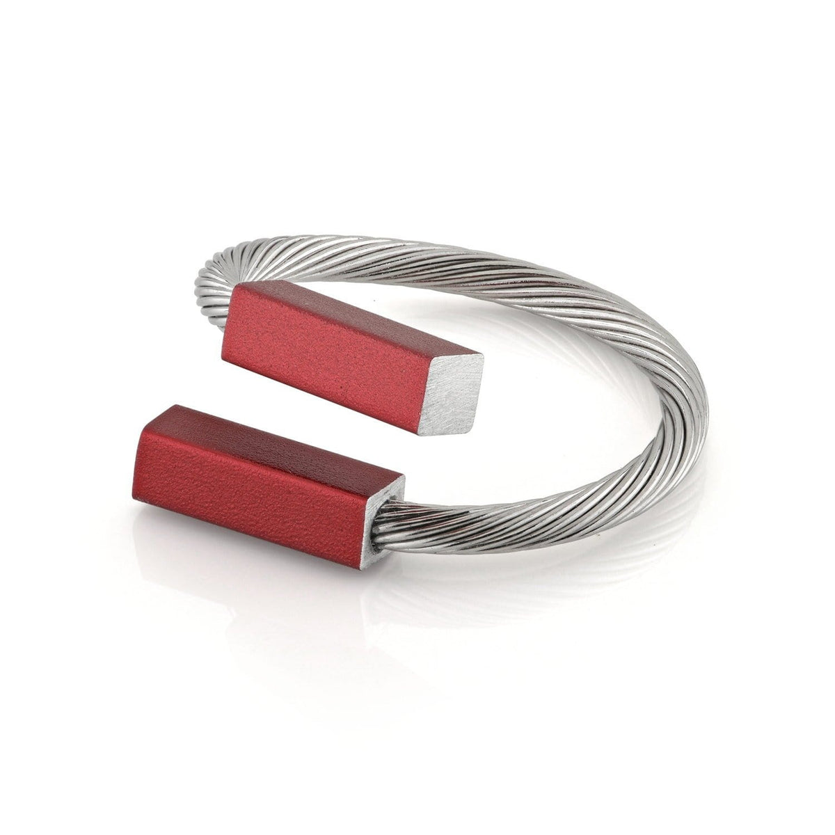 Bague en acier avec deux barres rouges en finition mate.
