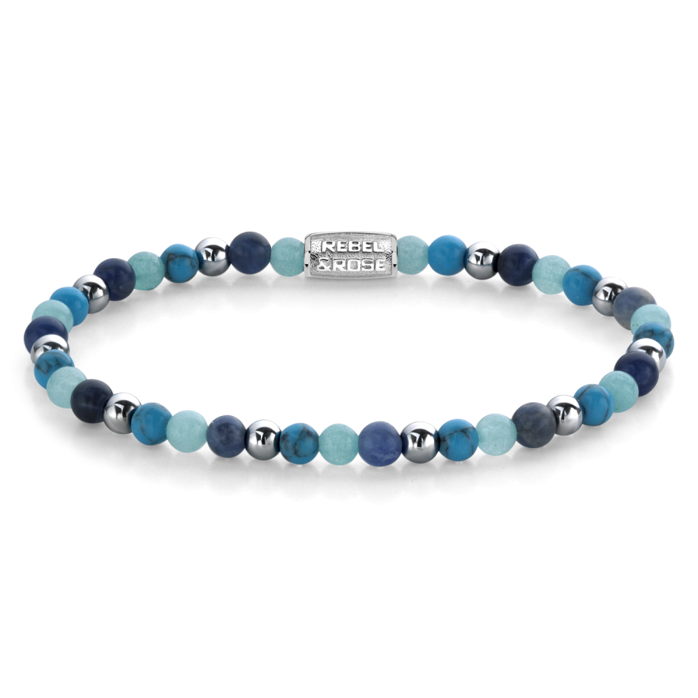 Bracelet en perles de 4 mm, mélange de bleus avec des perles argentées.