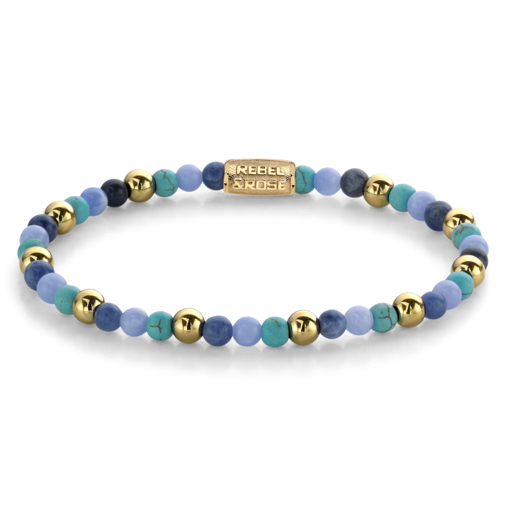 Bracelet en perles de 4 mm avec des perles en or jaune ionisé et des perles en turquoise et bleues.