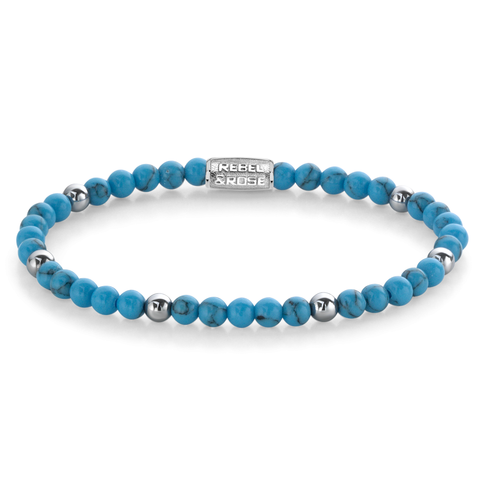 Bracelet en perles turquoise de 4 mm avec des détails en métal argenté.