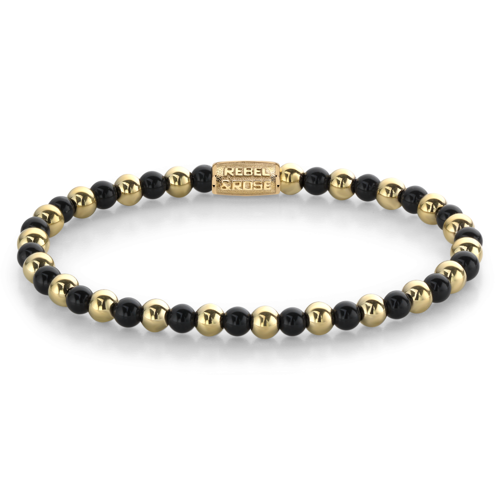 Bracelet en perles noires et dorées, finition ionisée en or jaune, 4 mm.