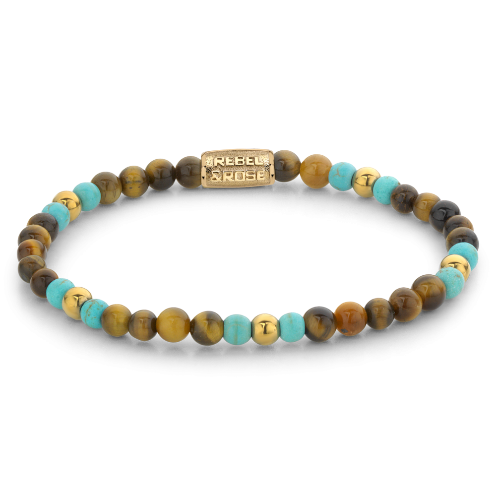 Bracelet en perles en or jaune ionisé de 18 ct, avec des perles de turquoise et de tigre, 4 mm.