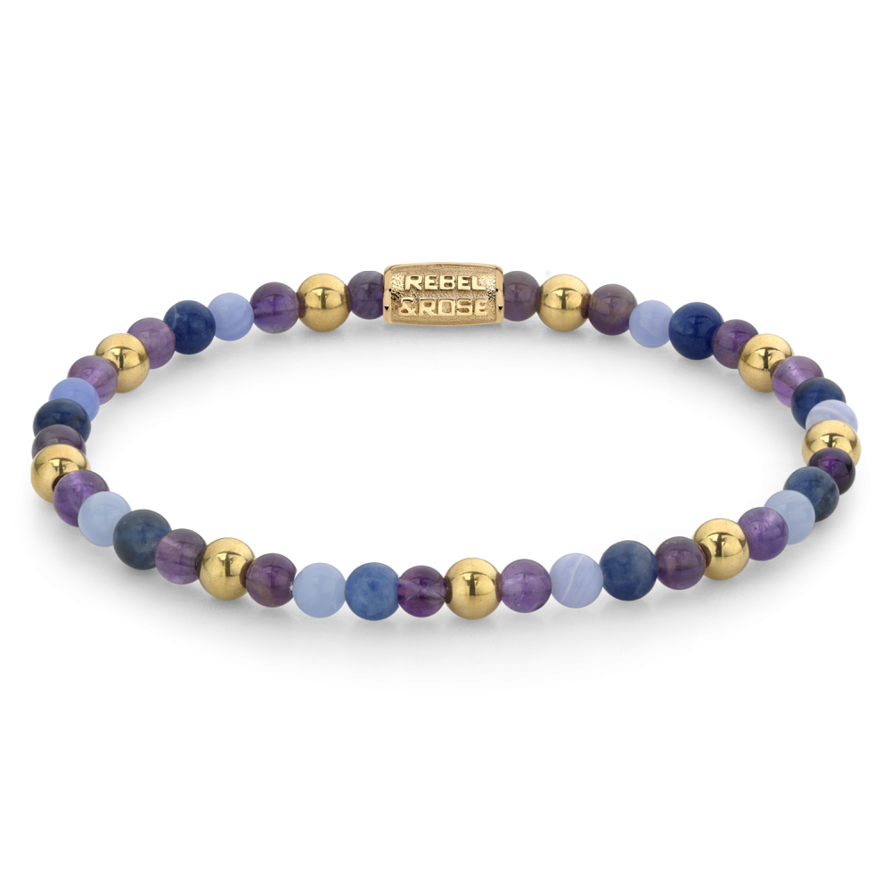 Bracelet en perles avec des perles violettes et bleues, ornée de perles dorées en or jaune ionisé.