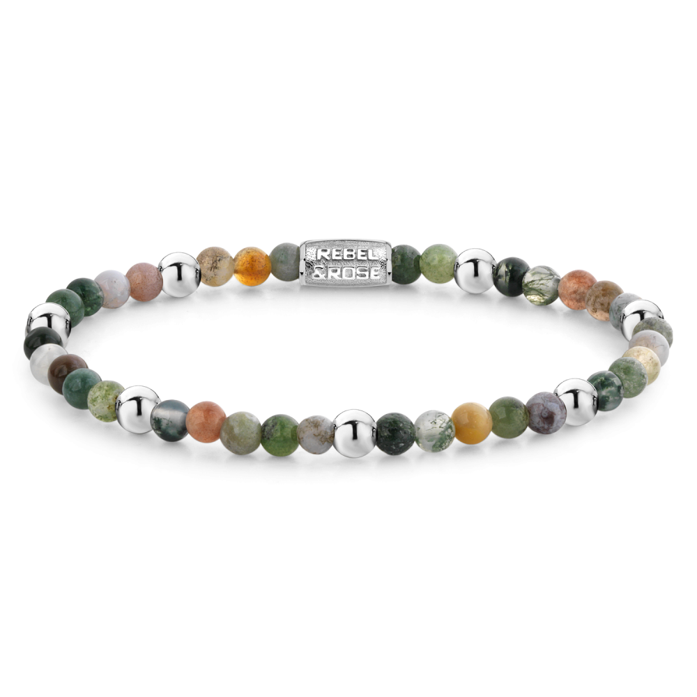 Bracelet en perles multicolores de 4 mm avec des éléments en métal argenté.