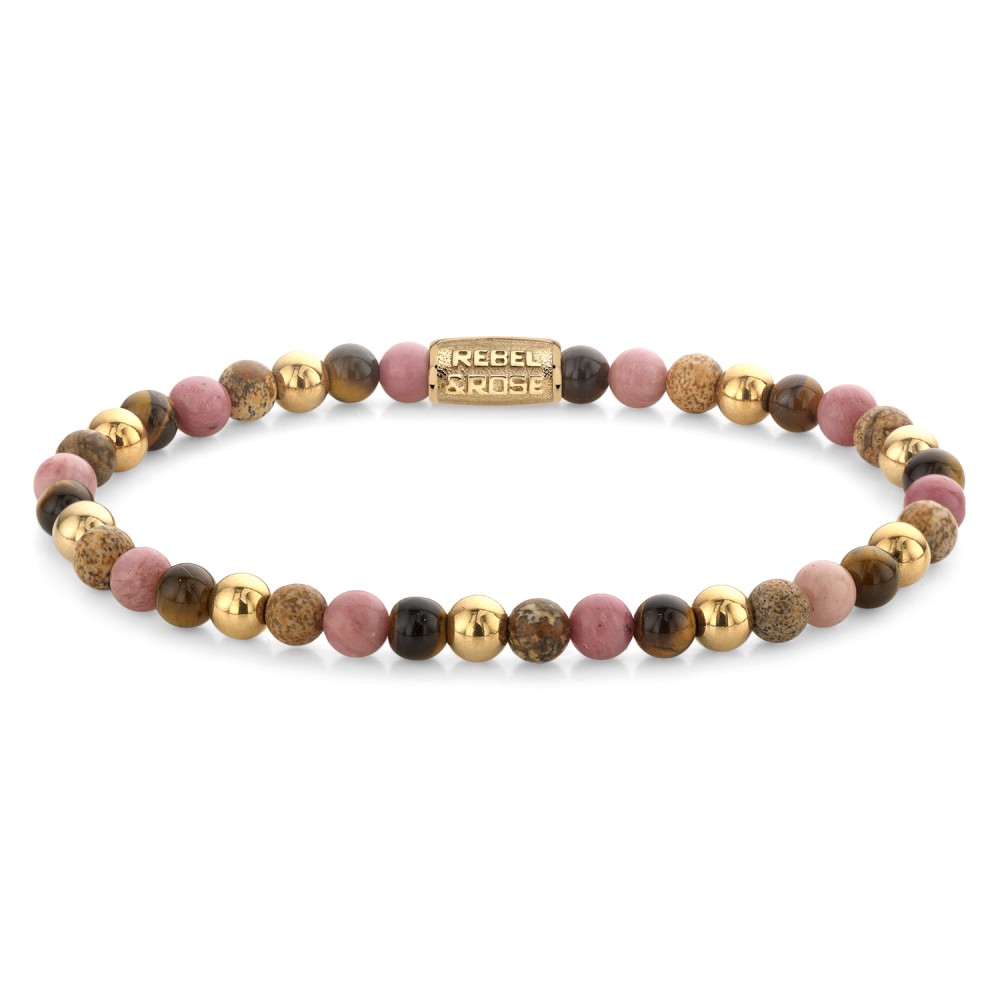 Bracelet en perles avec des perles dorées et roses, finition ionisée en or jaune, largeur de 4 mm.
