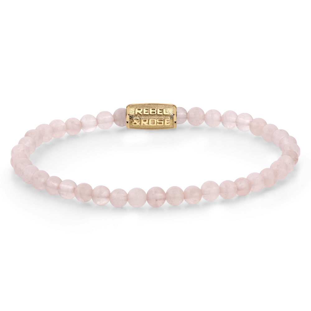 Bracelet en perles en or rose, 4 mm, avec un fermoir doré gravé "REBEL".