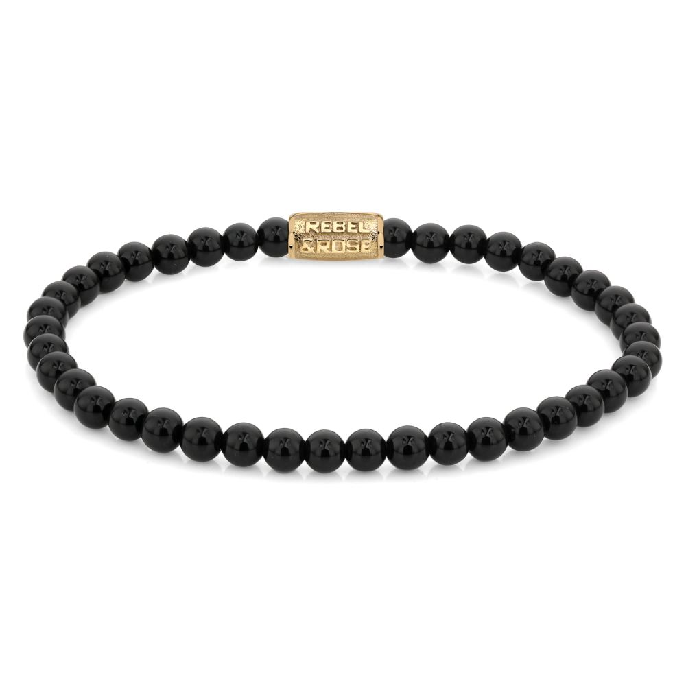 Bracelet en perles noires de 4 mm avec fermoir doré.