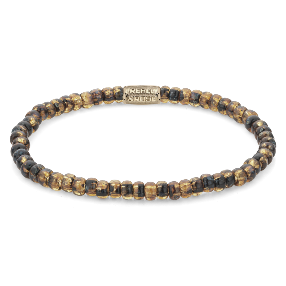 Bracelet en perles de verre Tiger Gold de 4 mm, avec des nuances dorées et noires.