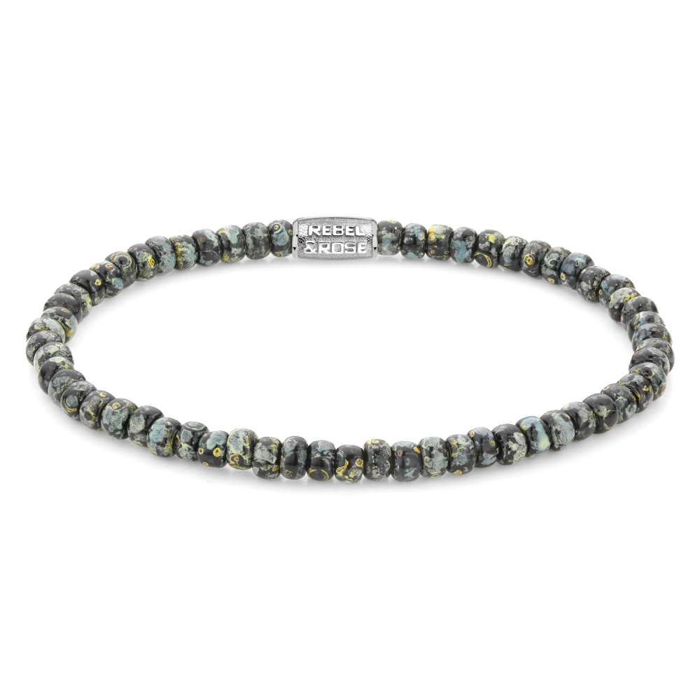 Bracelet en perles noires avec motifs léopard, 4 mm, finition brillante.