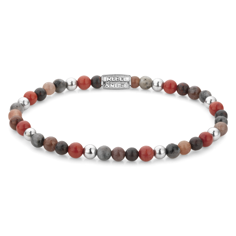 Bracelet en perles de 4 mm avec des perles rouges, grises et argentées.
