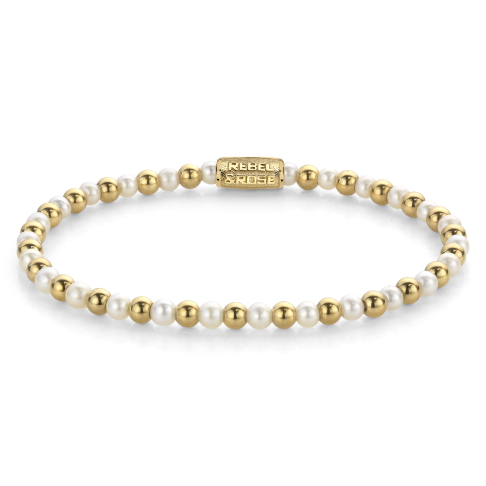Bracelet en perles de 4 mm, combinant perles blanches et sphères dorées.