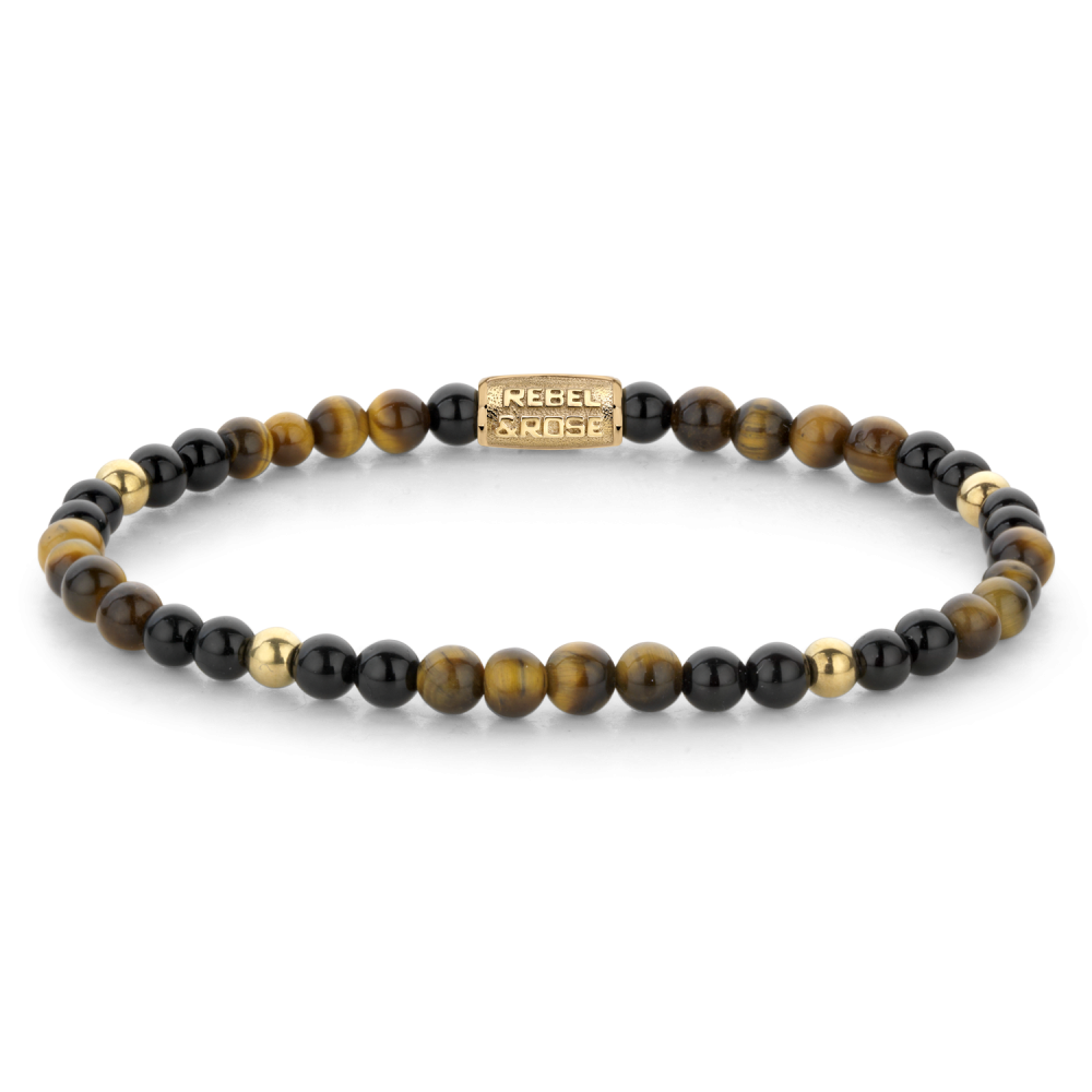 Bracelet en perles noires et dorées, ornée de perles en œil de tigre et d'un fermoir en or jaune ionisé.