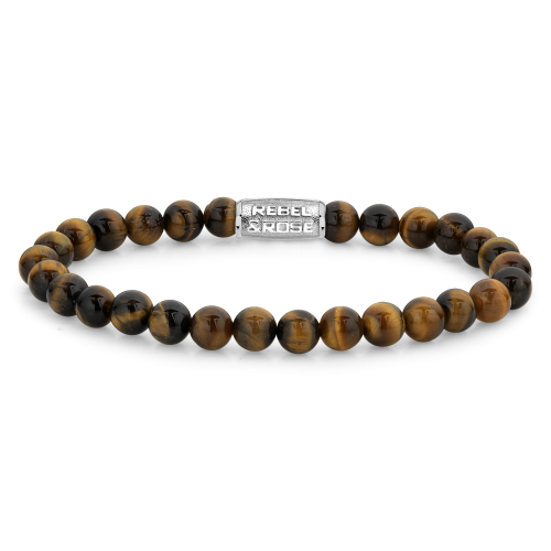 Bracelet en perles de 6 mm en œil de tigre, avec un fermoir en métal argenté.